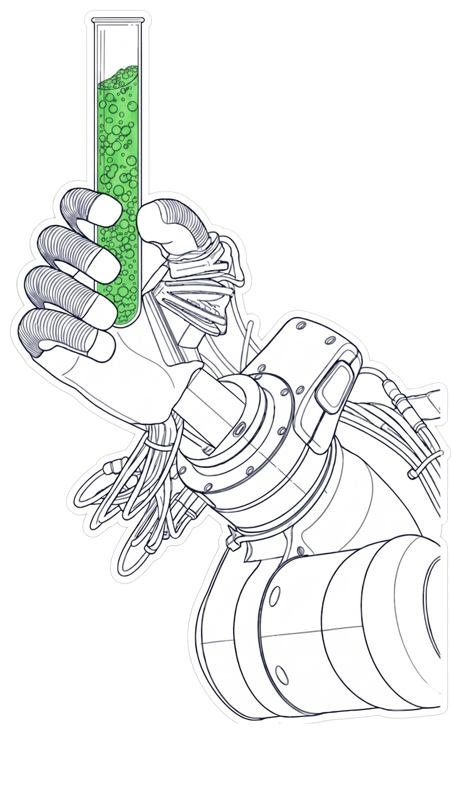 Robotic hand holding a vial filled with green biological liquid