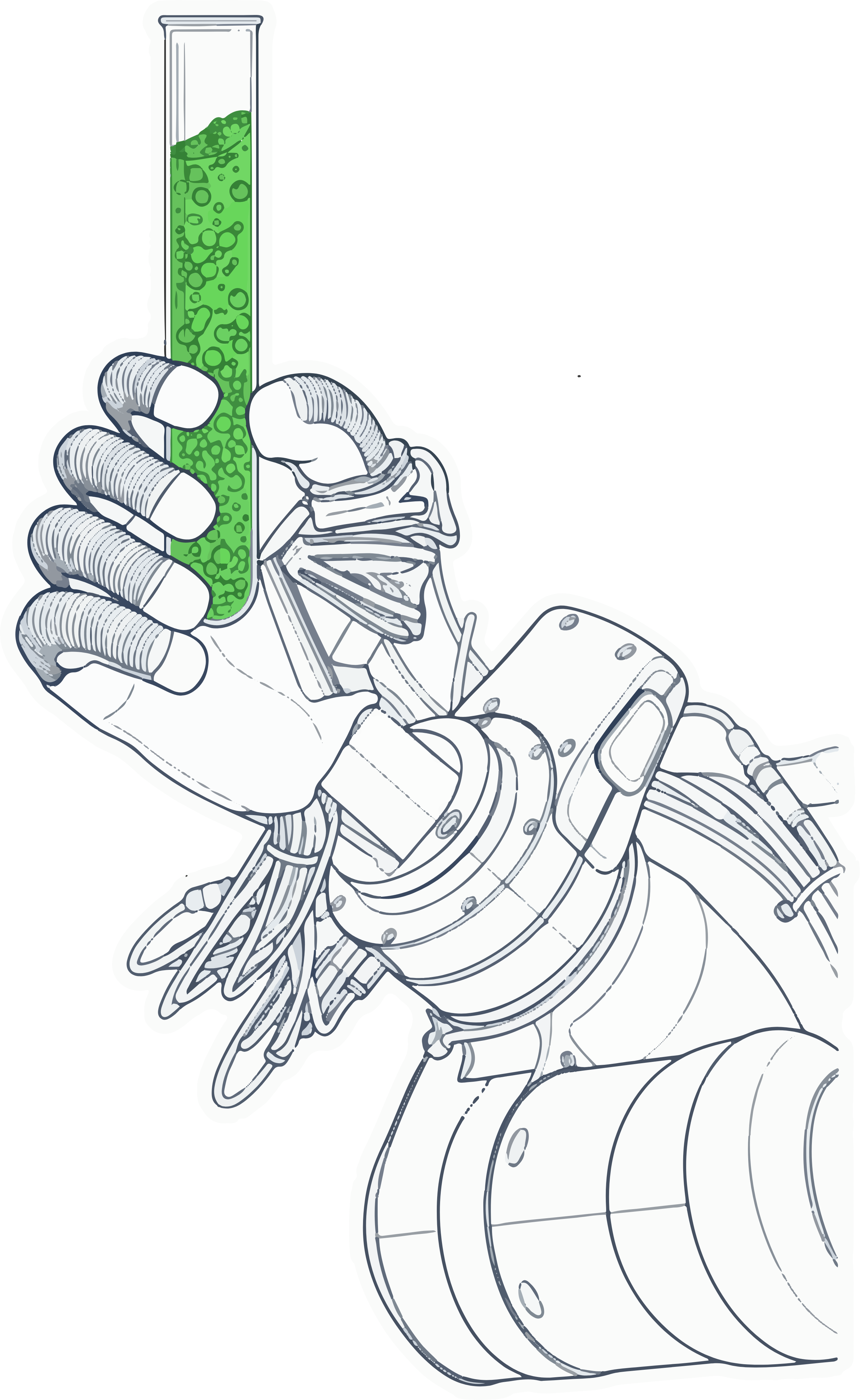 Robotic hand holding a vial filled with green biological liquid